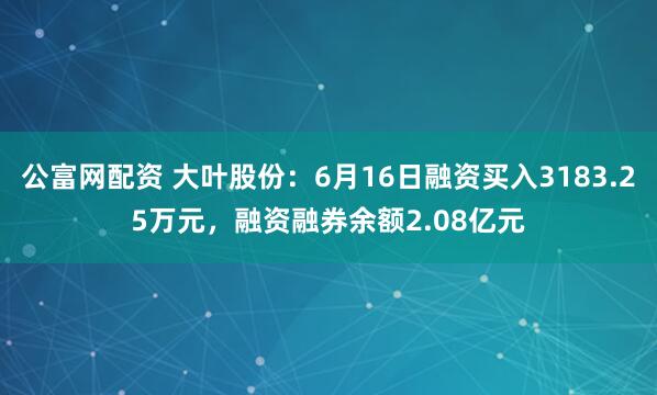公富网配资 大叶股份:6月16日融资买入3183.25万元,融资融券余额2.08亿元